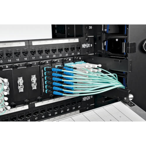Tripp-Lite N846-01M-24-P | 100G MTP/MPO Multimode OM3 Plenum-Rated Fiber Optic Cable (CXP), 24 Fiber, 100GBASE-SR10, Push/Pull Tabs, Aqua, 1 m