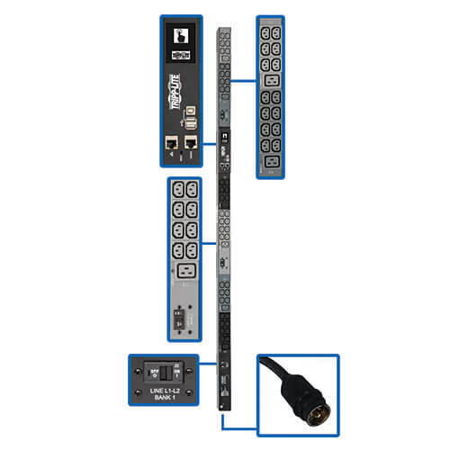 Tripp-Lite PDU3EVN10H50B | 14.5kW 3-Phase Monitored PDU, LX Interface, 200-240V Outlets (42 C13/6 C19), LCD, Hubbell CS8365C, 3.05 m (10 ft.) Cord, 0U 1.8m/70 in. Height, TAA