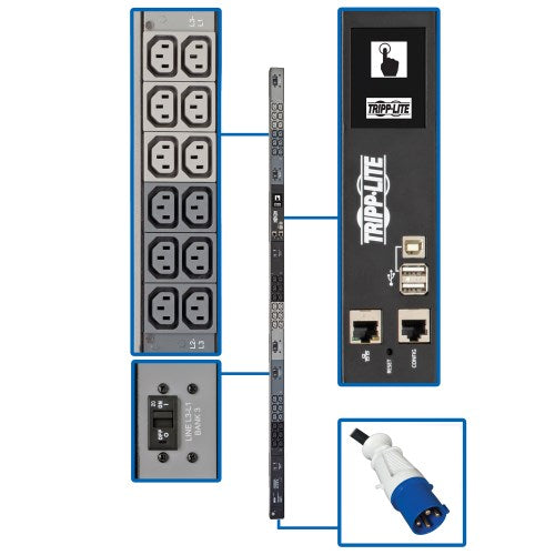 Tripp-Lite PDU3EVN6G60C | 18.7kW 3-Phase Monitored PDU with LX Platform, 200-240V Output (36 C13), IEC 309 60A Blue, 0U, TAA