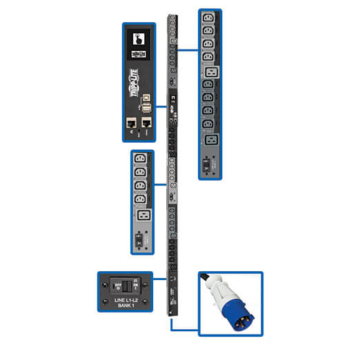 Tripp-Lite PDU3EVSR6G60 | 14.5kW 3-Phase Switched PDU, LX Interface, 200-240V Outlets (24 C13/6 C19), LCD, IEC 309 60A Blue, 6 ft. (1.83 m) Cord, 0U 1.8m/70 in. Height, TAA