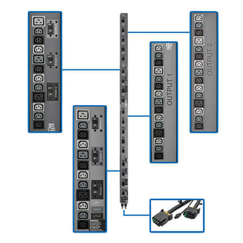 Tripp-Lite PDU3V602D354A | 17.3kW 3-Phase Vertical PDU Strip, 208V Outlets (42 C13 & 12 C19), 0U Rack-Mount, Accessory for Select ATS PDUs