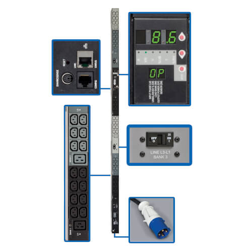 Tripp-Lite PDU3VN6G30B | 10kW 3-Phase Monitored PDU, 200-240V Outlets (42-C13, 6-C19), IEC-309 30A Blue, 6 ft. (1.8m) Cord, 0U Vertical, TAA