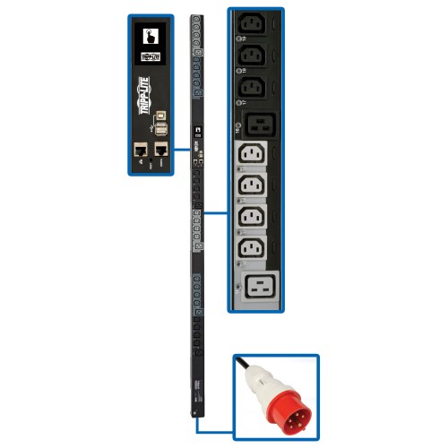 Tripp-Lite PDU3XEVSR6G20 | 11.5kW 3-Phase Switched PDU, 208-240V Outlets (24 C13, 6 C19), IEC 309 16/20A Red 360-415V Input, 0U, Outlet Monitoring, TAA