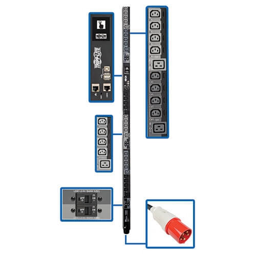 Tripp-Lite PDU3XEVSR6G63B | 28.8kW 3-Phase Switched PDU, LX Platform, 220-240V Outlets (24 C13/6 C19), LCD, IEC 309 63A Red 380-415V Input, 0U, TAA