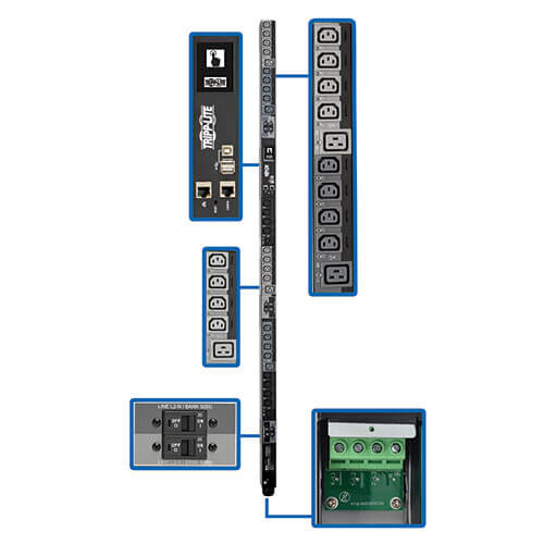 Tripp-Lite PDU3XEVSRHWB | 28.8kW 3-Phase Switched PDU, LX Platform, 220-240V Outlets (24 C13/6 C19), LCD, Hardwire 380-415V Input, 0U, TAA