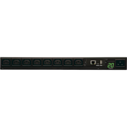 Tripp-Lite PDUMNH20HV | 3.7kW Single-Phase 208/230V Monitored PDU - LX Platform, 8 C13 Outlets, C20 Input with L6-20P Adapter, 2.4m Cord, 1U Rack-Mount