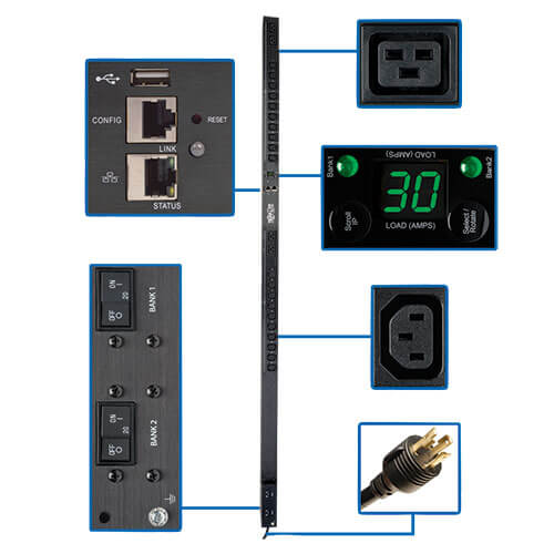 Tripp-Lite PDUMNV30HVLX | 5.5kW Single-Phase Monitored PDU with LX Platform Interface, 208/230V Outlets (20 C13 & 4 C19), L6-30P, 0U, TAA