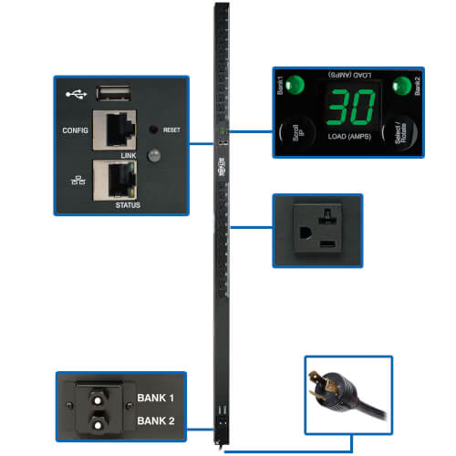 Tripp-Lite PDUMNV30LX | 2.9kW Single-Phase Monitored PDU with LX Platform Interface, 120V Outlets (24 5-15/20R), L5-30P Plug, 0U Vertical, TAA