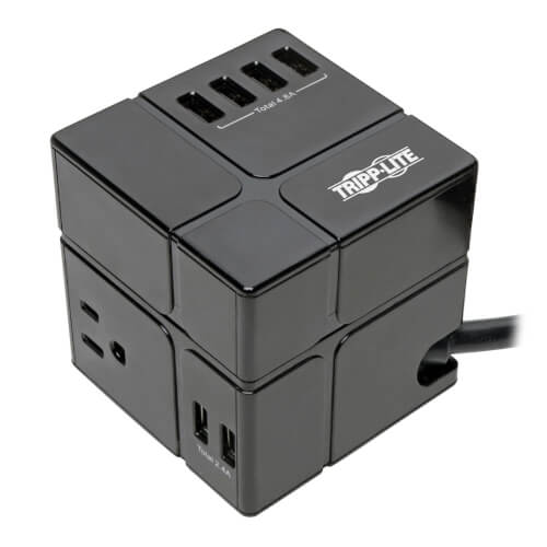 Tripp-Lite TLP366CUBEUSBB | Protect It! 3-Outlet Power Cube Surge Protector - 6 USB-A Ports (7.2A Shared), 6 ft. (1.83 m) Cord, 540 Joules, Black