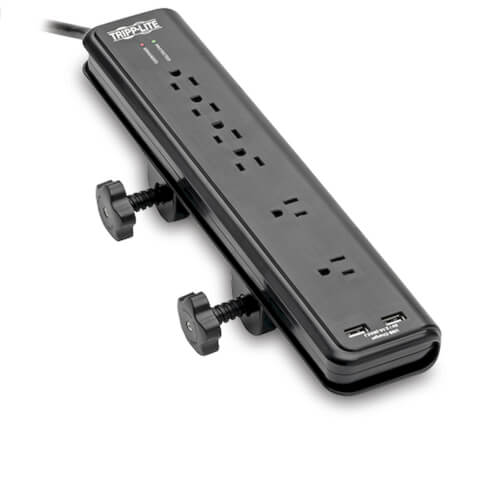 Tripp-Lite TLP606DMUSB | Protect It! 6-Outlet Clamp-Mount Surge Protector, 6 ft. (1.83 m) Cord, 2100 Joules, 2 x USB Charging ports (2.1A total)