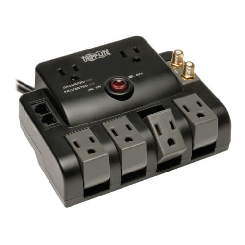 Tripp-Lite TLP606RNET | Protect It! Surge Protector with 6 Outlets (2-fixed, 4-rotatable), 6 ft. (1.83 m) Cord, 1440 Joules, Tel/Modem/Coax Protection