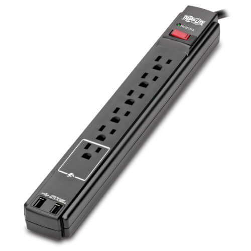 Tripp-Lite TLP606USBB | Protect It! 6-Outlet Surge Protector, 6 ft. Cord, 990 Joules, 2 USB Ports (2.1A), Black Housing