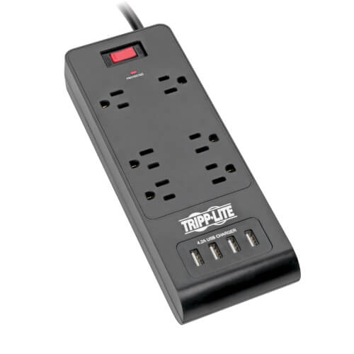 Tripp-Lite TLP664USBB | 6-Outlet Surge Protector with 4 USB Ports (4.2A Shared) - 6 ft. (1.83 m) Cord, 900 Joules, Black