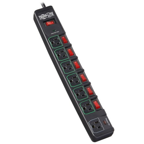 Tripp-Lite TLP76MSGB | ECO-Surge 7-Outlet Surge Protector, 6 ft. (1.83 m) Cord, 1080 Joules, 6 Individually Controlled Outlets, Black Housing