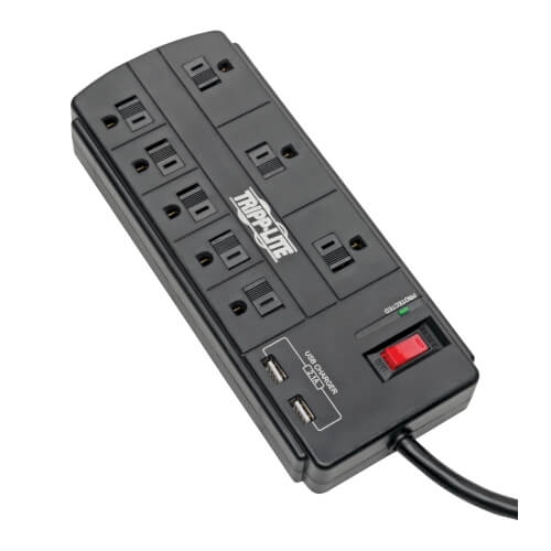 Tripp-Lite TLP88USBB | 8-Outlet Surge Protector with 2 USB Ports (2.1A Shared) - 8 ft. (2.43 m) Cord, 1200 Joules, Black
