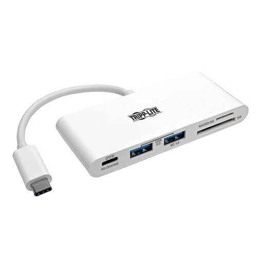 Tripp-Lite U460-002-2AM-C | USB-C Multiport Adapter, 2x USB-A Ports, Card Reader and PD Charging, USB 3.0, White